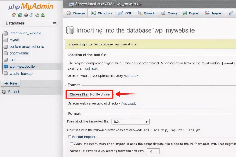 Click Choose File and select your .sql backup file