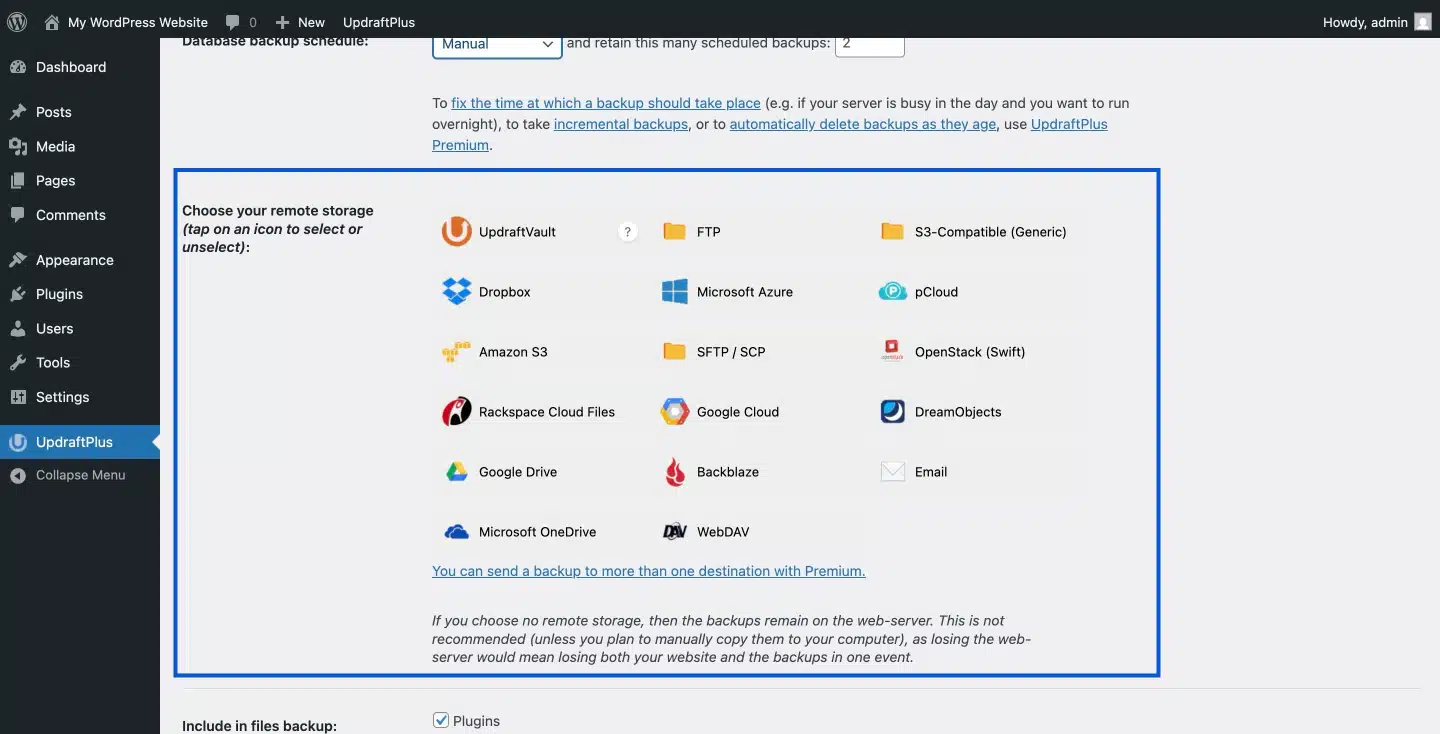 Choose your remote storage for Updraft Plugin
