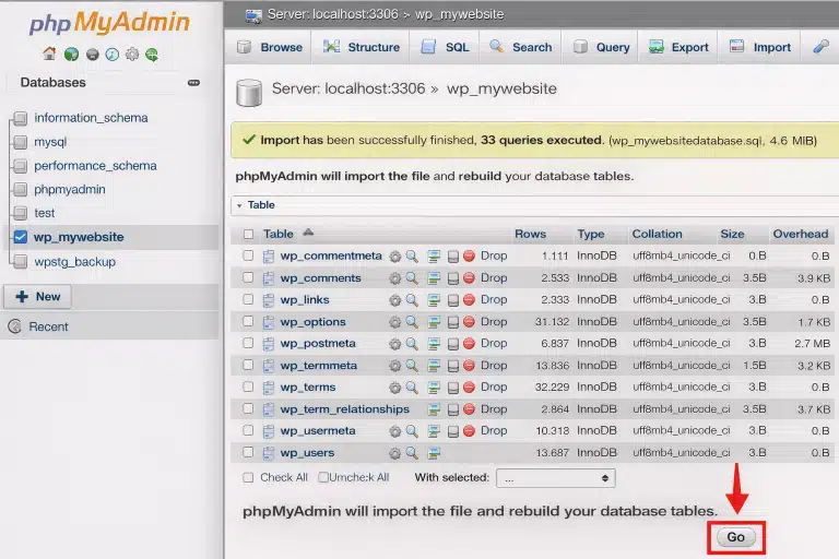 Click Go. phpMyAdmin will import the file