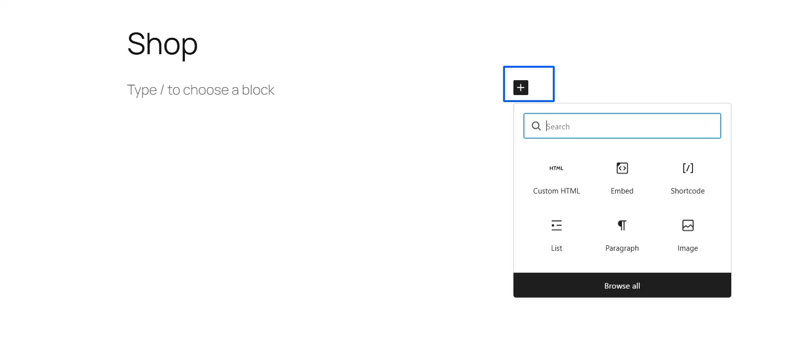 Click the + icon to add blocks.