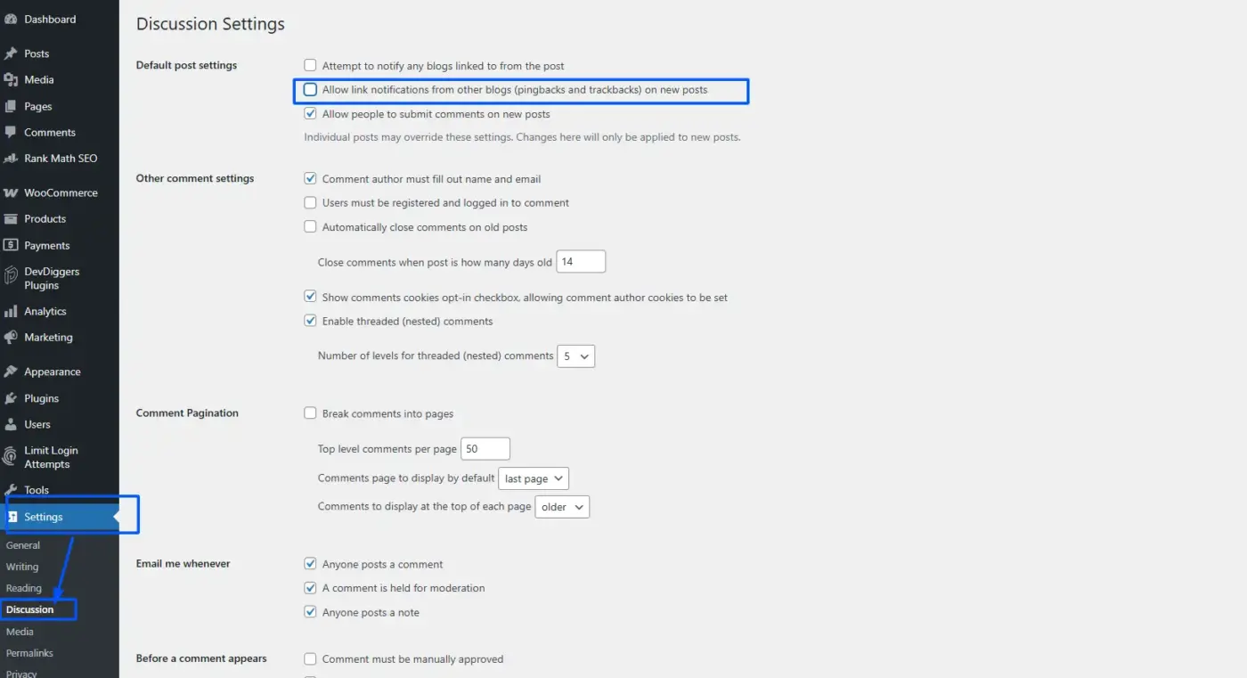 Disable Pingbacks and Trackbacks