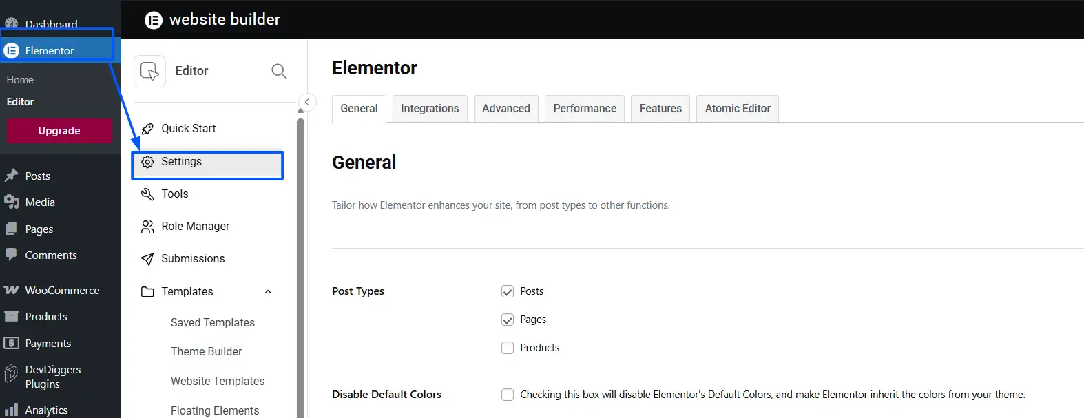 click Elementor → Settings