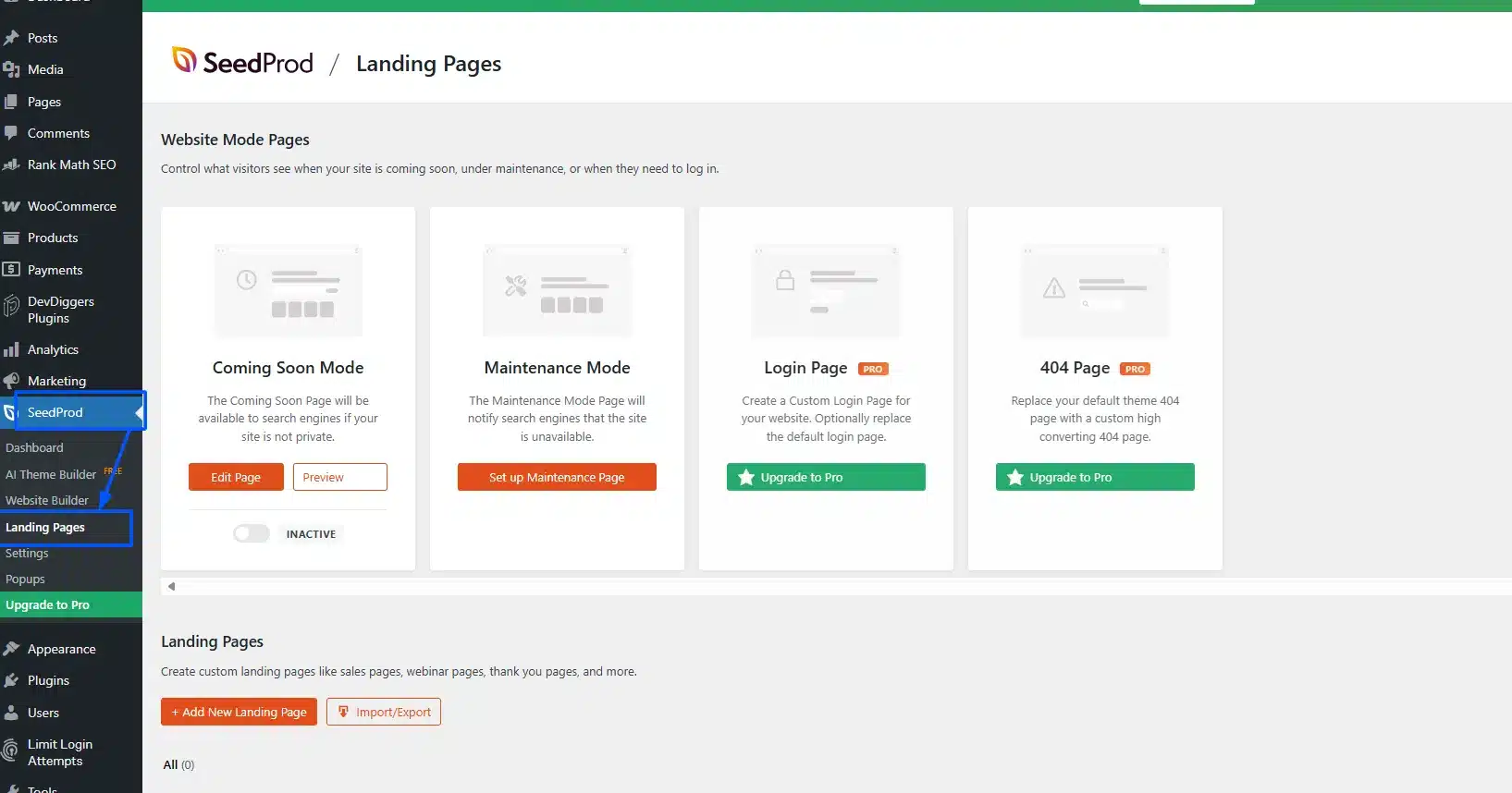 go to SeedProd > Landing Pages