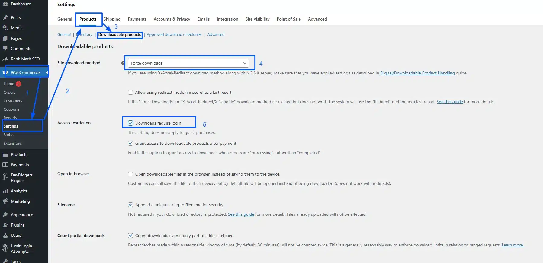 Then go to WooCommerce → Settings → Products → Downloadable Products and set the File Download Method to Force Downloads. Also, check Downloads require login.
