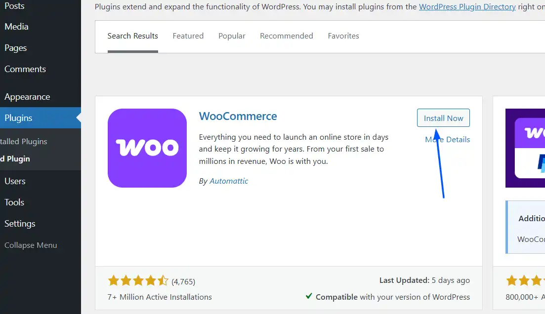 Click Install Now to install woocommerce