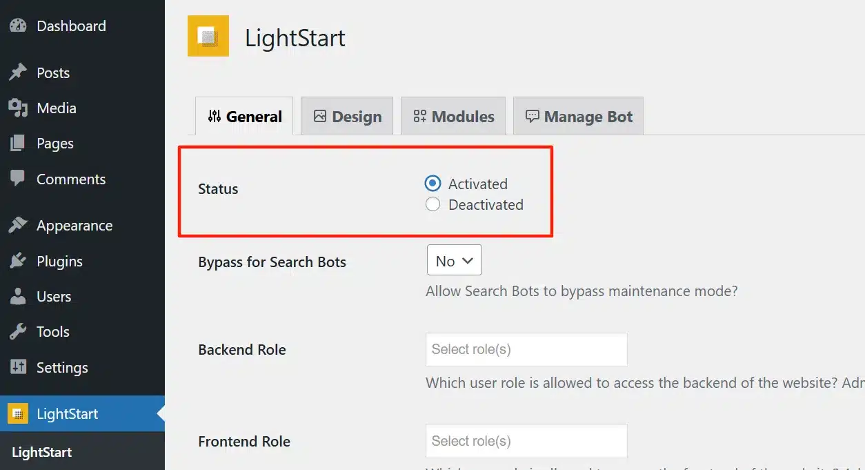 Go to the plugin's settings page and enable maintenance or coming soon mode