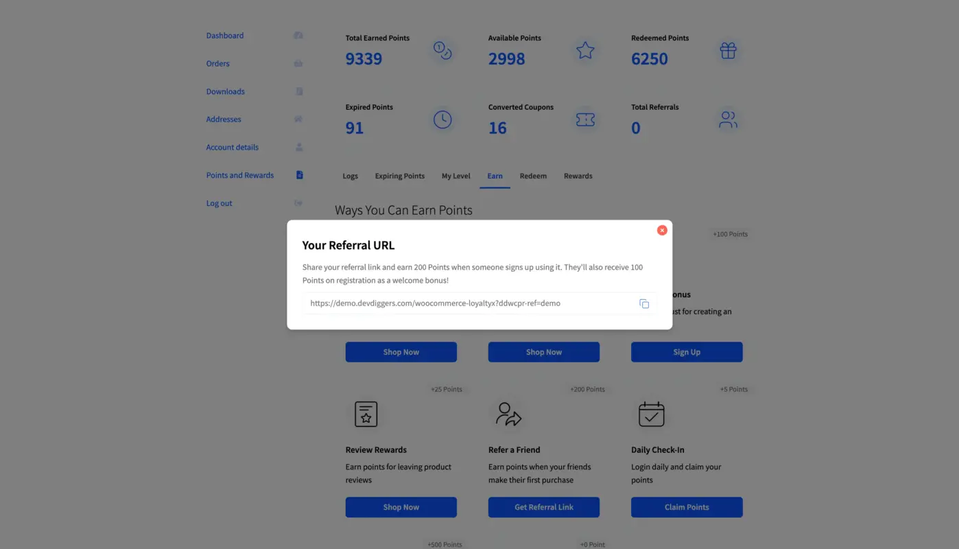 My Account Page Displaying Referral URL