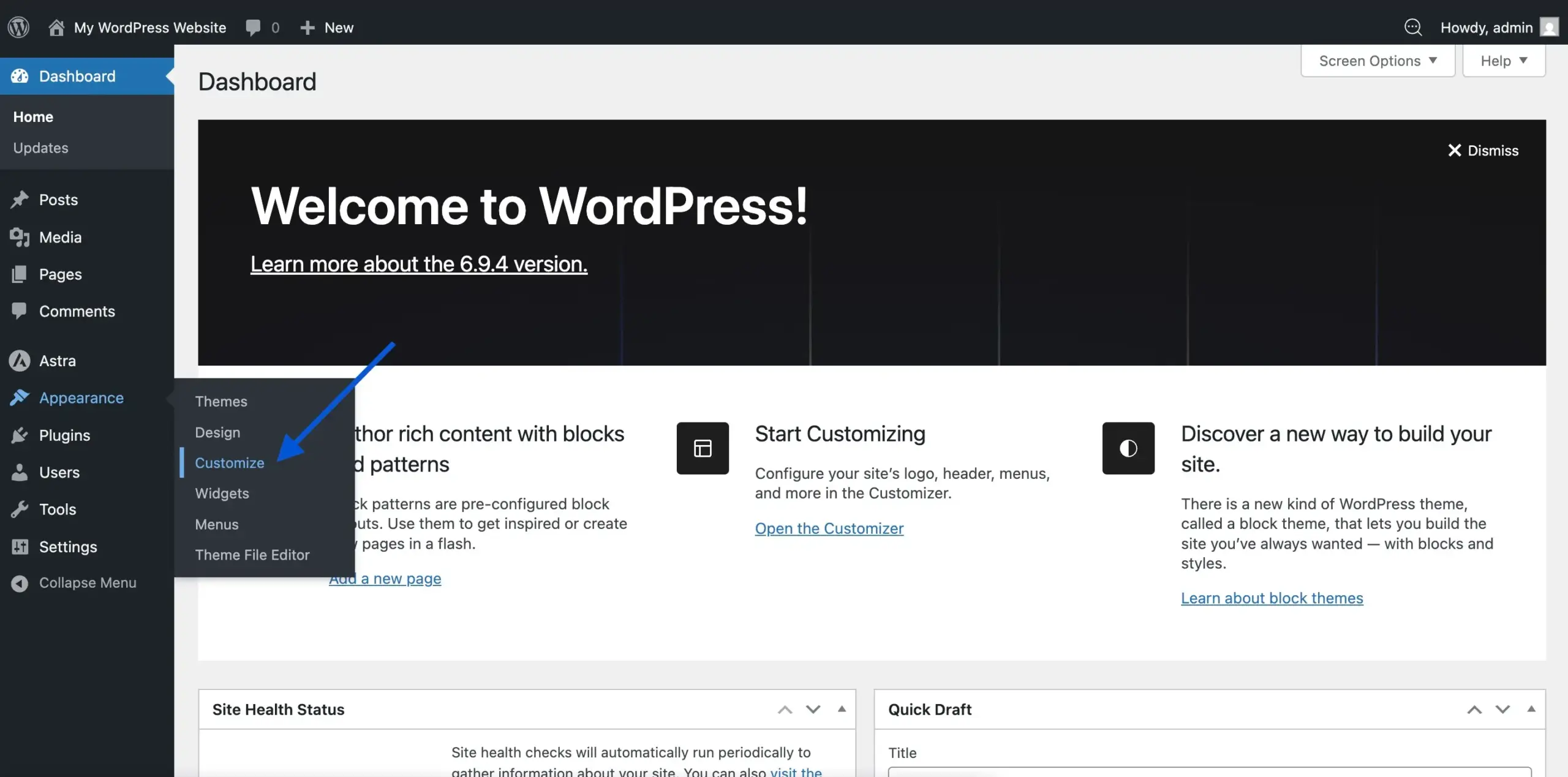 Click on the Theme's Customize page.