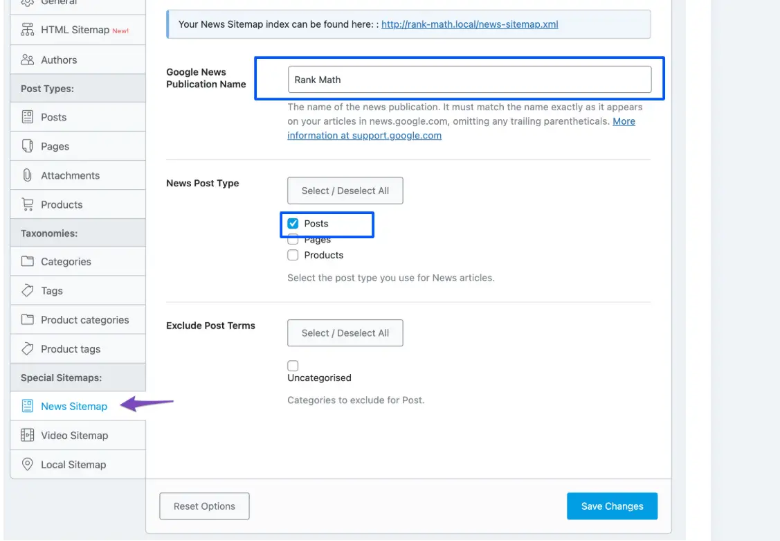 Go to Rank Math SEO > Sitemap Settings > News Sitemap and enter your publication name, also select which post types to include.