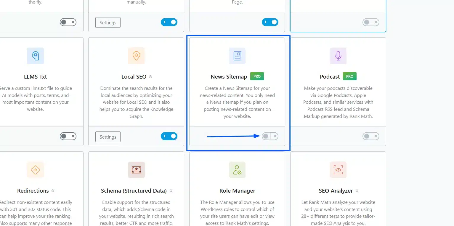 Scroll to the Modules section and confirm the News Sitemap module is turned on.