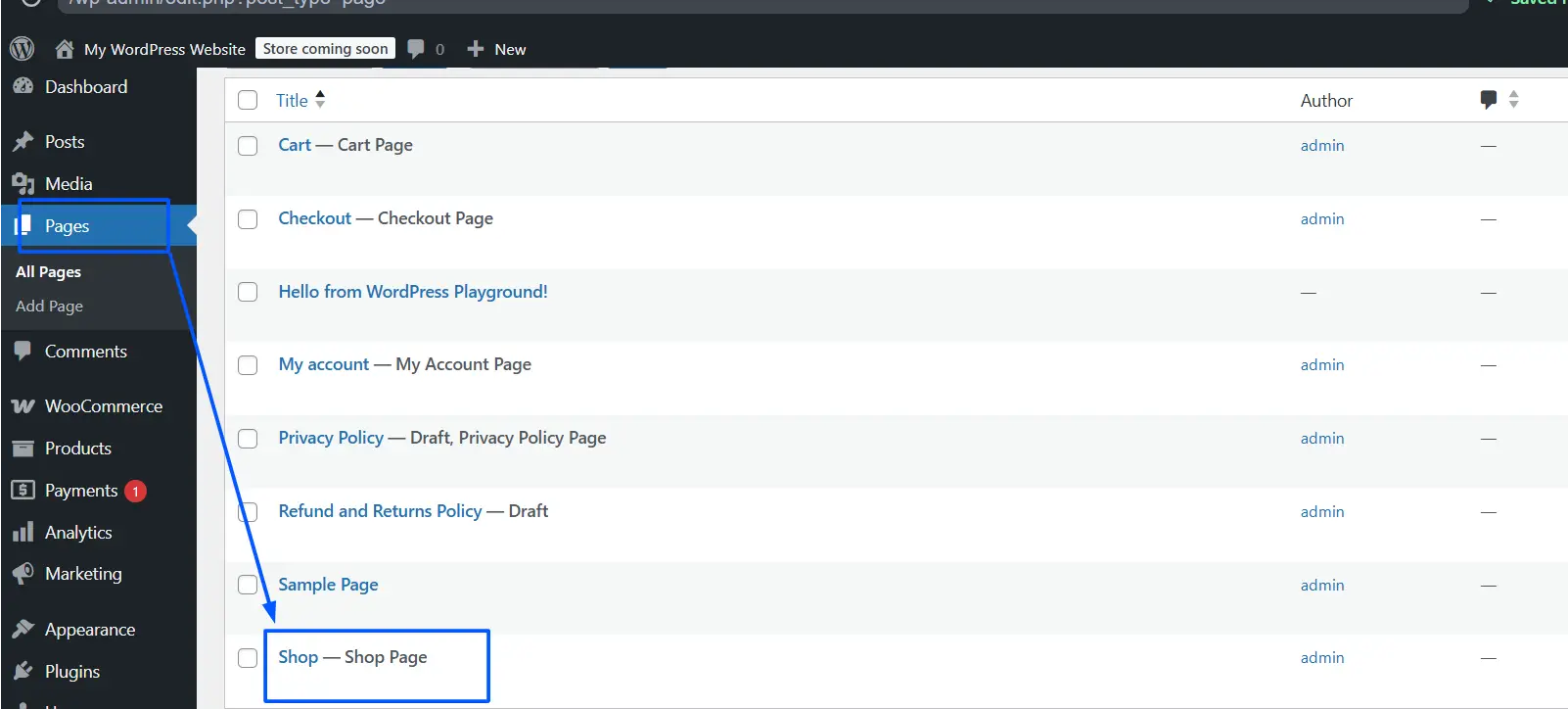 navigate to Pages, then All Pages and find the page assigned as your shop