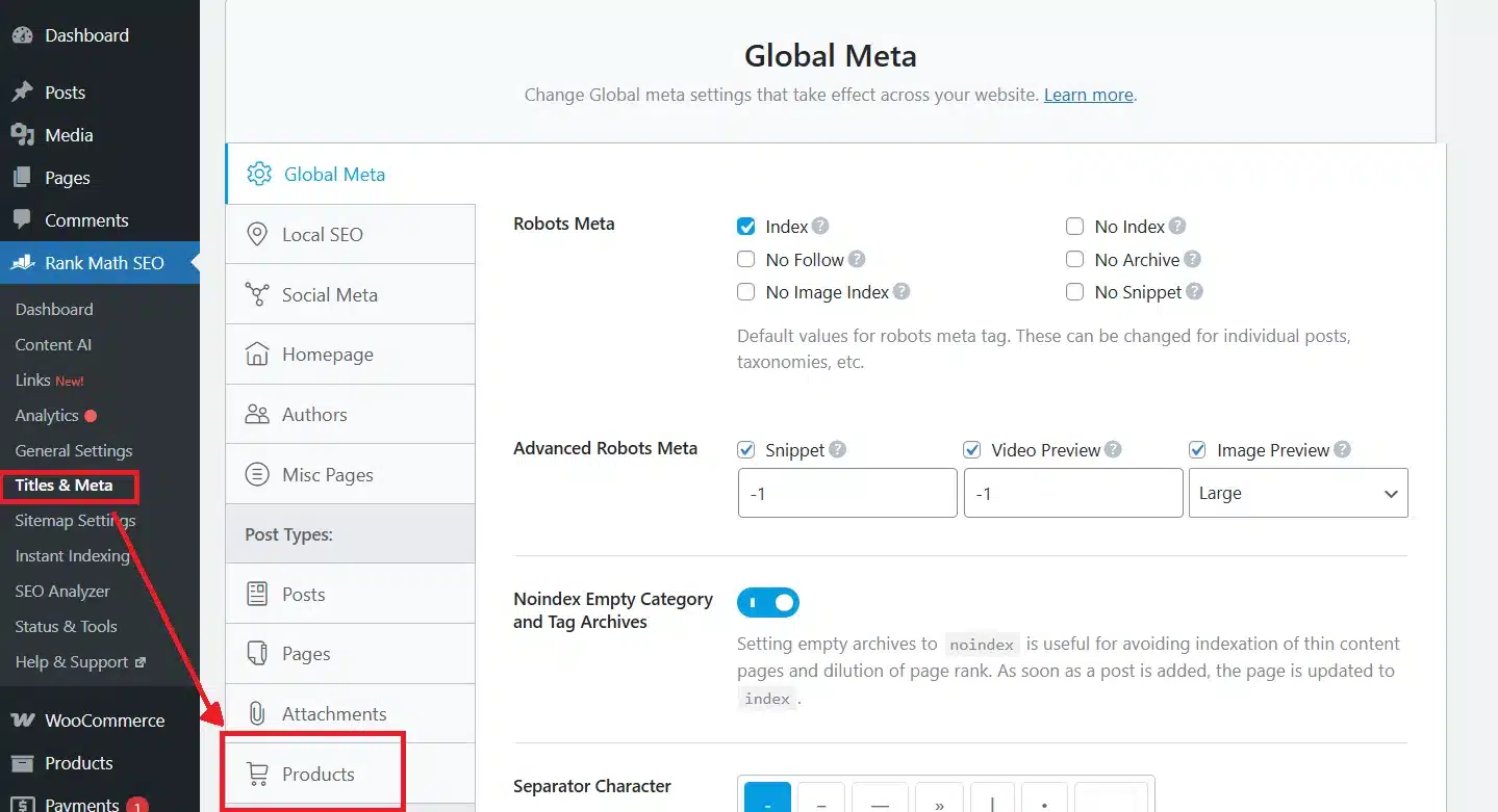 Go to Rank Math > Titles & Meta > Products