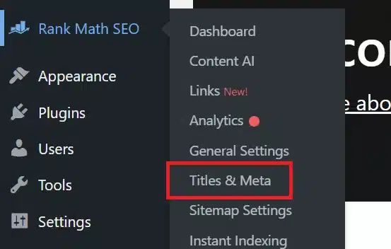 Open the Rank Math dashboard. Navigate to Titles & Meta