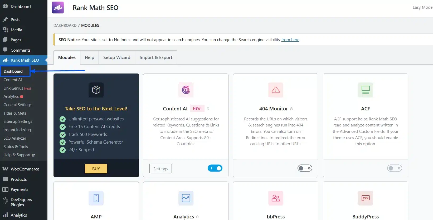 In your WordPress dashboard, go to Rank Math SEO > Dashboard