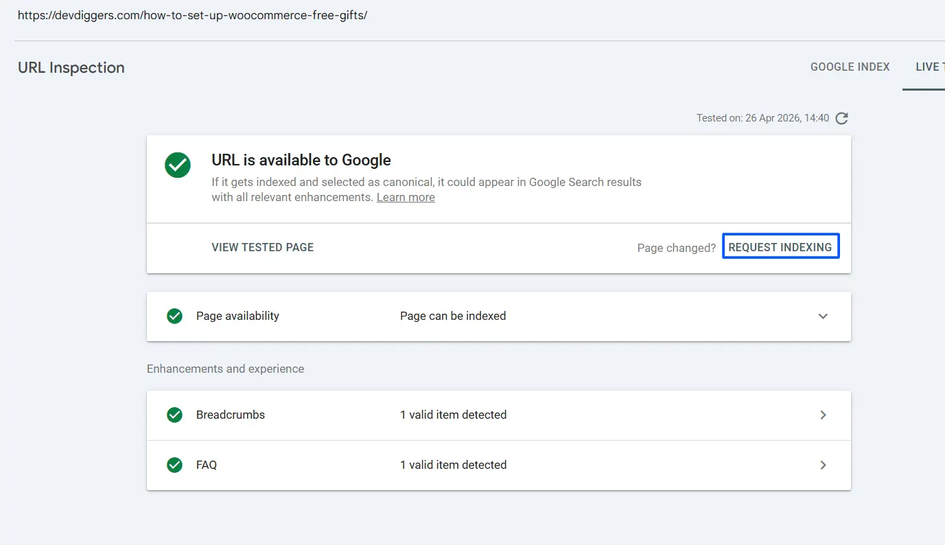 click Request Indexing