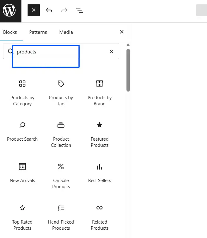 Search for "products" in the block inserter.