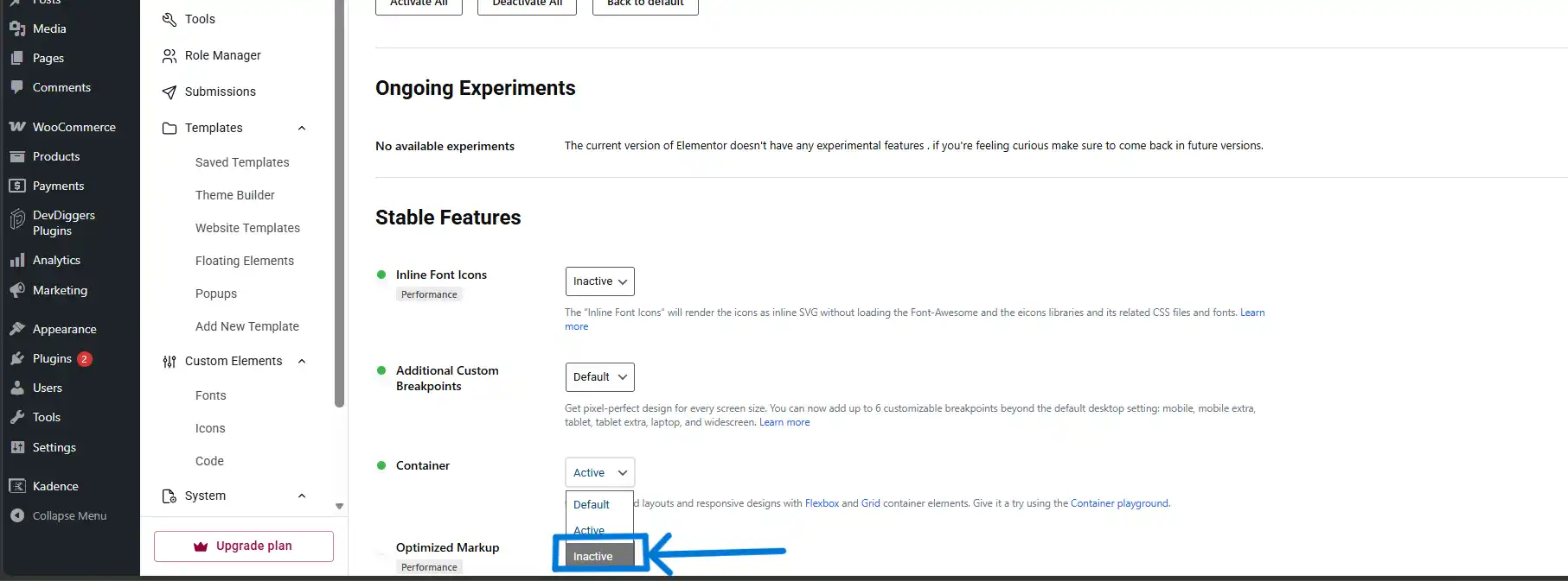 Scroll to Container and set the dropdown to Inactive.