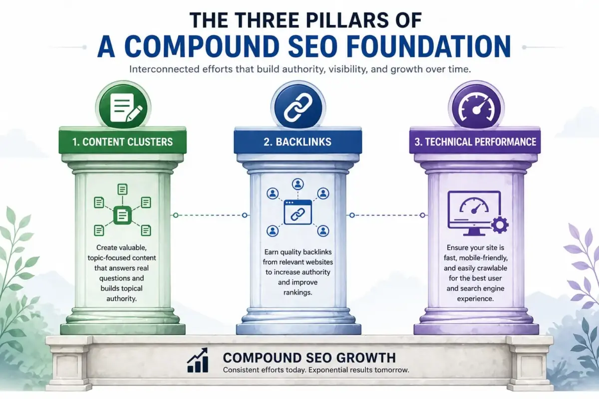 three pillars of compound SEO strategy for WordPress and WooCommerce