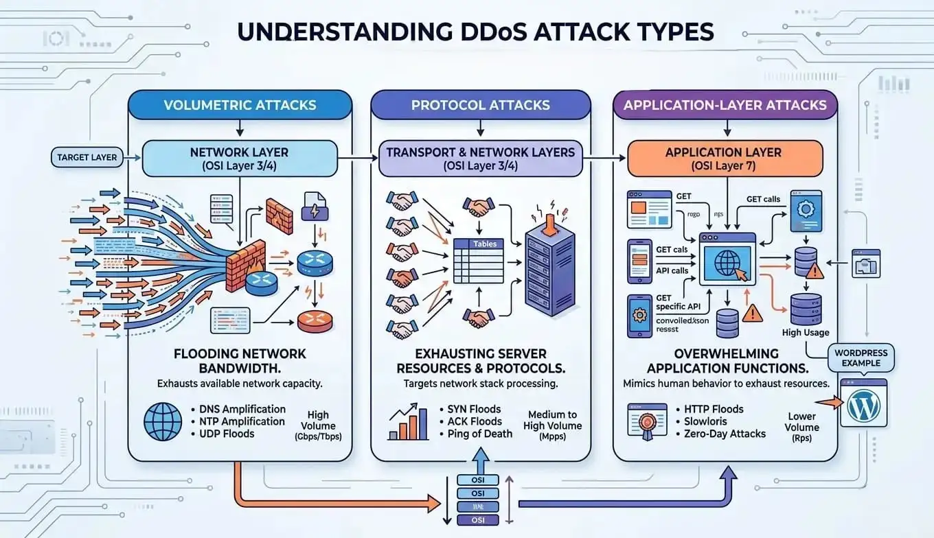 WordPress DDoS attack types of diagram showing volumetric, protocol, and application-layer attacks