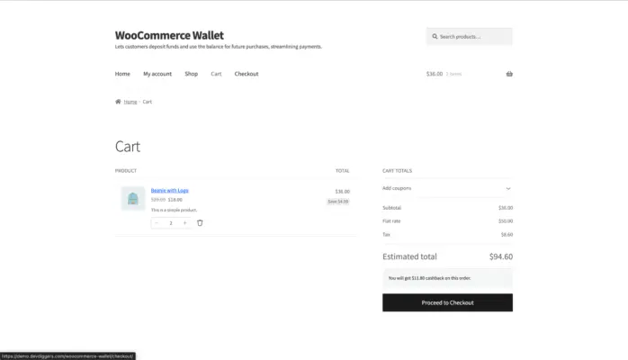 WooCommerce cart page showing total cashback reward the customer will earn on the order
