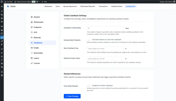 WooCommerce Wallet plugin global cashback settings including delay, cap, minimum order value, and first order reward