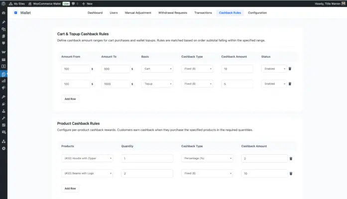 Wallet for WooCommerce plugin cashback rules for cart, topup, per-product, per-category, etc rewards