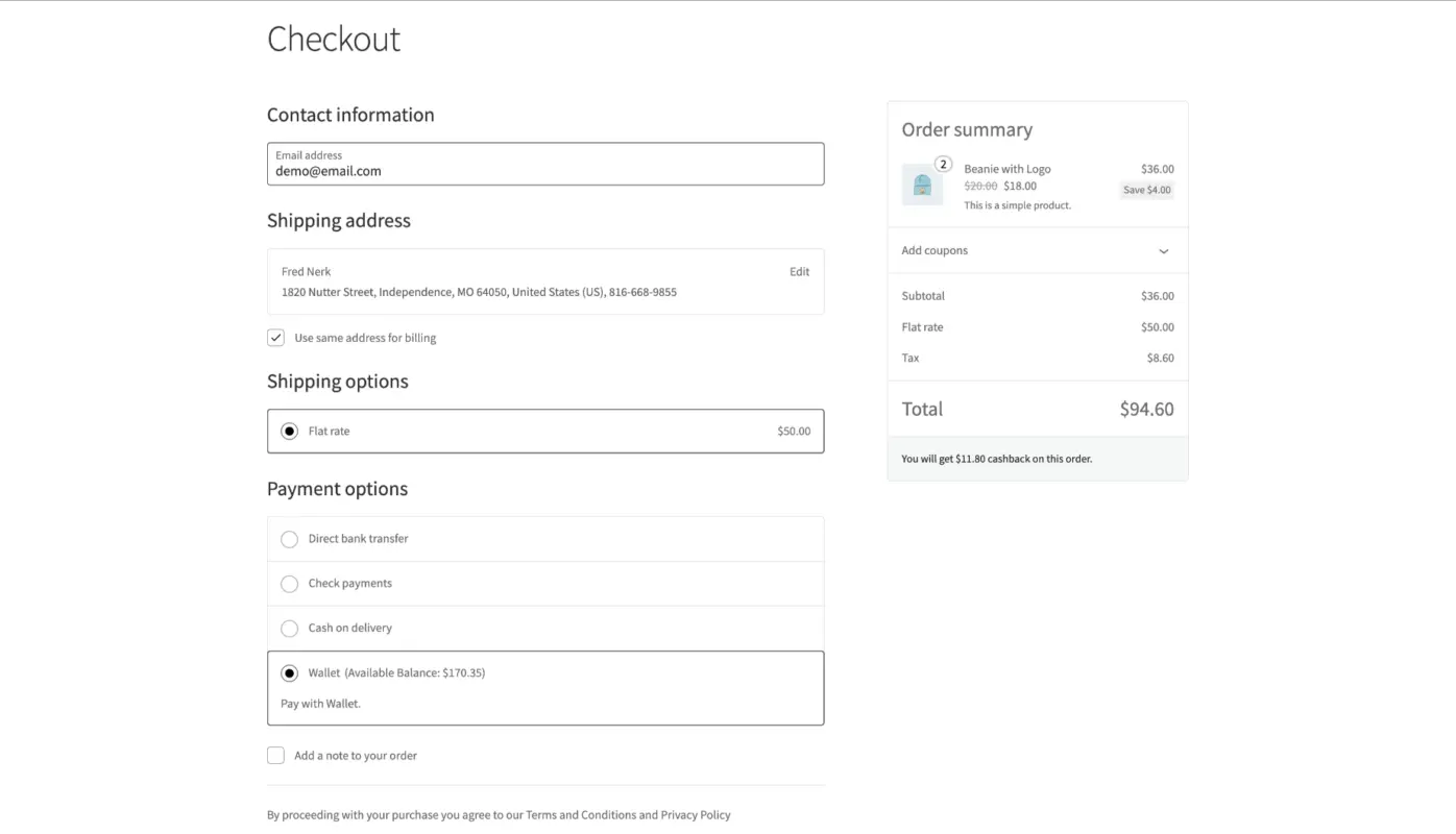 WooCommerce checkout page with wallet payment option showing available balance and cashback reward