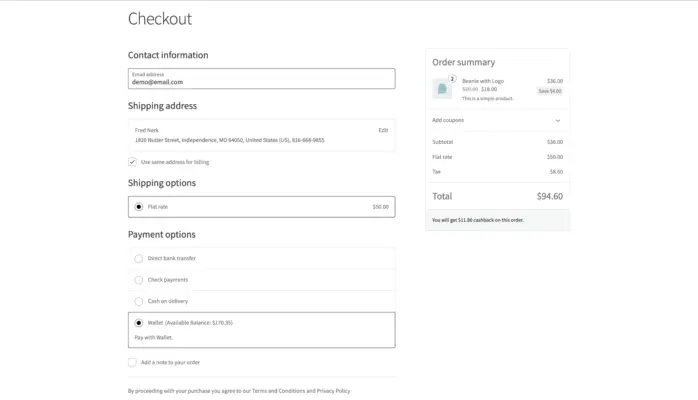 WooCommerce checkout page with wallet payment option showing available balance and cashback reward