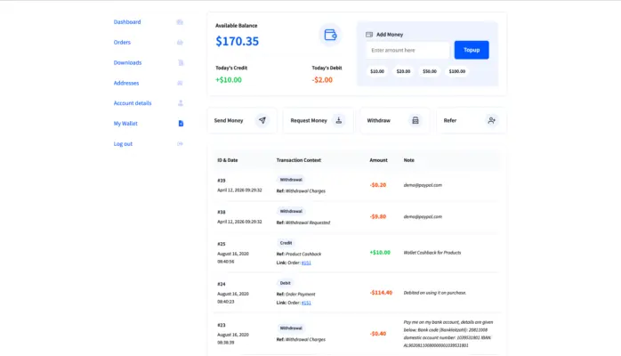WooCommerce Wallet plugin customer-facing wallet dashboard with balance, topup, send money, and transaction history
