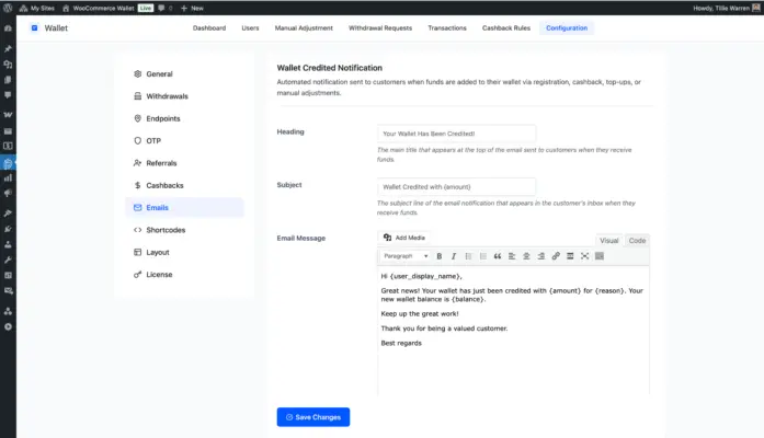 Wallet for WooCommerce plugin email notification settings for wallet related notifications