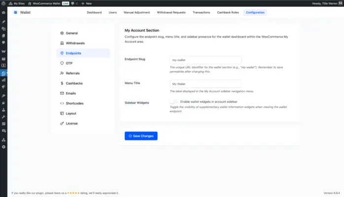 WooCommerce Wallet plugin endpoints settings for My Account wallet page slug and menu title