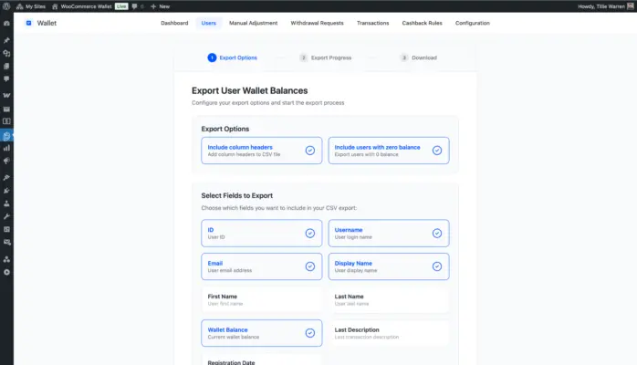 Export user wallet balances to CSV in WooCommerce wallet plugin