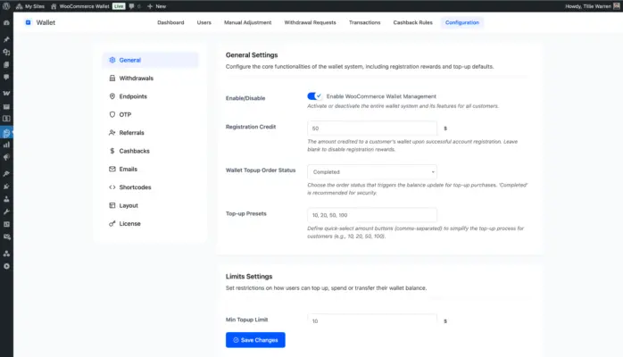 WooCommerce wallet general settings – registration credit, topup presets, and wallet limits