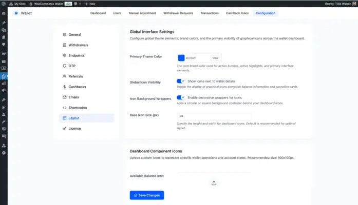 WooCommerce Wallet Management layout settings for theme color, icon visibility, and dashboard icon customization