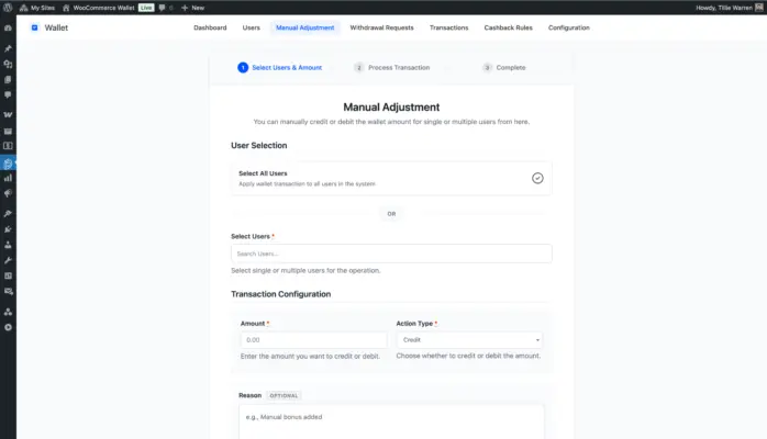 WooCommerce wallet system manual adjustment – credit or debit wallet balance for single or multiple users
