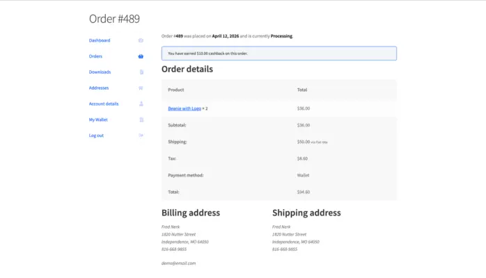WooCommerce order confirmation page showing cashback earned and wallet as the payment method