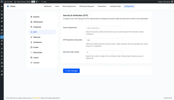 WooCommerce wallet plugin OTP security settings for wallet transfers and withdrawals
