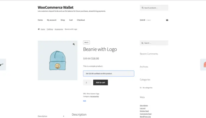 WooCommerce single product page showing wallet cashback reward of $10 on the product