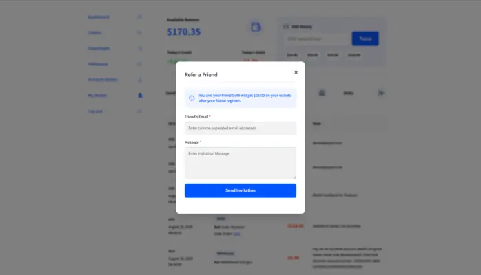 WooCommerce account funds plugin refer a friend popup with reward amount and invitation message