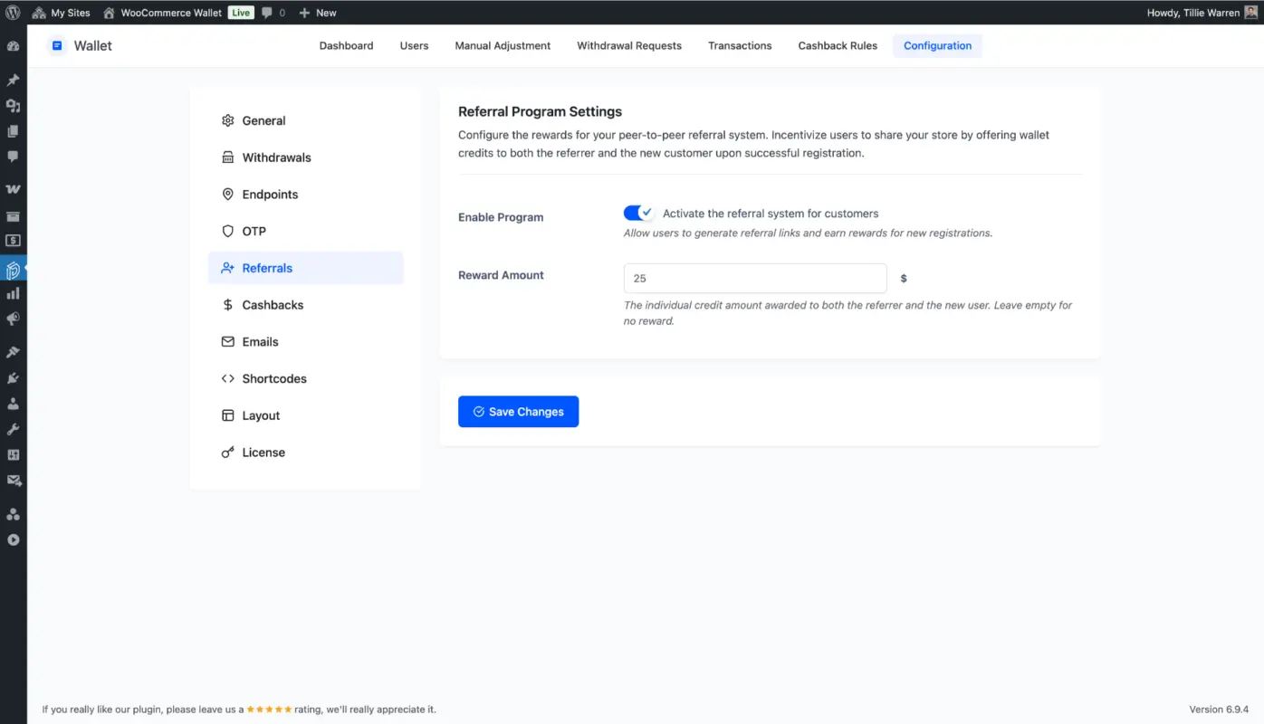 WooCommerce wallet plugin referral program settings with reward amount configuration