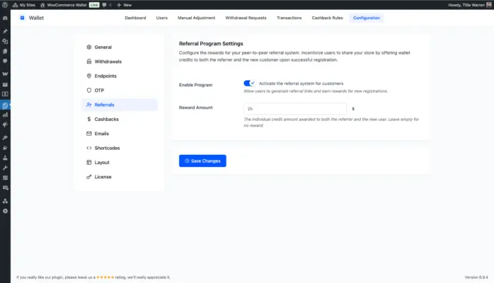 WooCommerce wallet plugin referral program settings with reward amount configuration