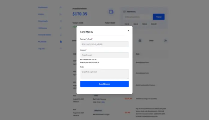Wallet for WooCommerce send money popup for peer-to-peer wallet transfer between customers