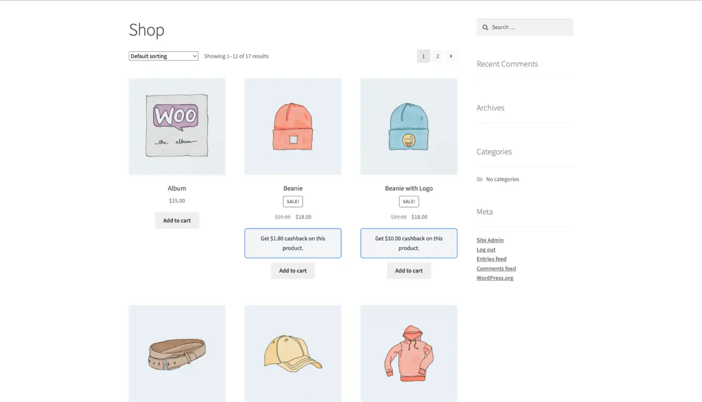 WooCommerce shop page showing wallet cashback rewards displayed on product cards