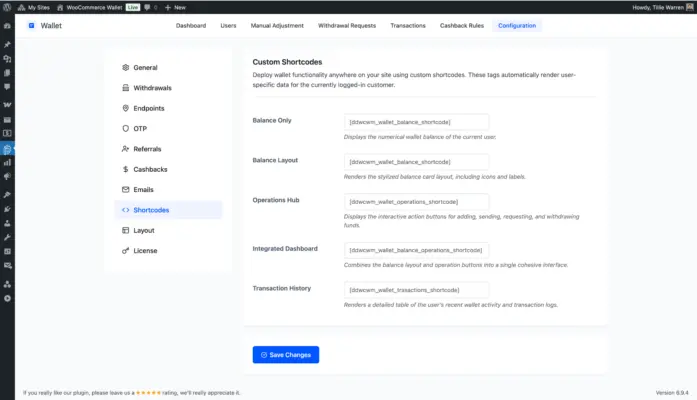 Wallet plugin for WooCommerce custom shortcodes for balance, operations hub, dashboard, and transaction history