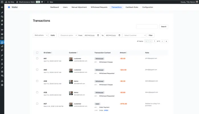 WooCommerce Wallet transactions log with filtering by date, type, and customer