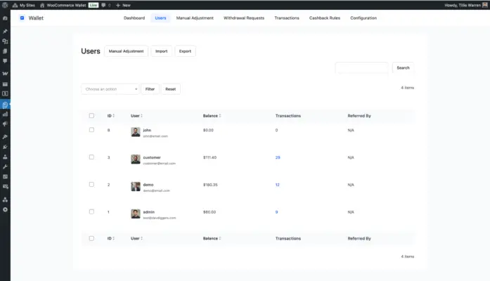 WooCommerce Wallet users list with wallet balance and transaction count