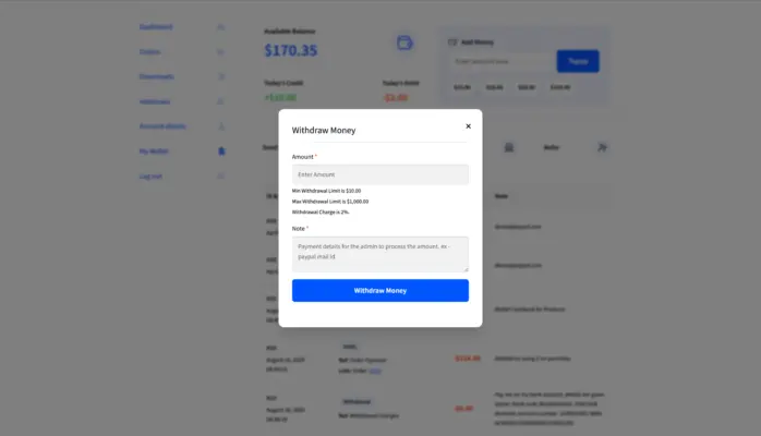 WooCommerce Wallet withdraw money popup showing withdrawal limits and processing fee