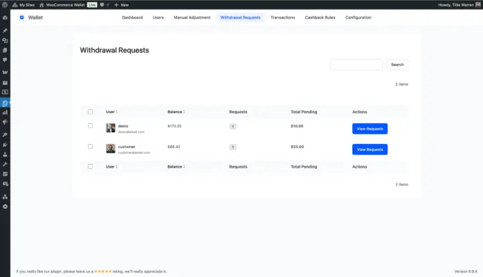 WooCommerce Wallet withdrawal requests list with pending amounts per user