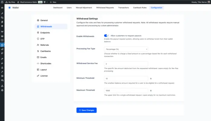 Wallet for WooCommerce plugin withdrawal settings with fee type, minimum and maximum threshold
