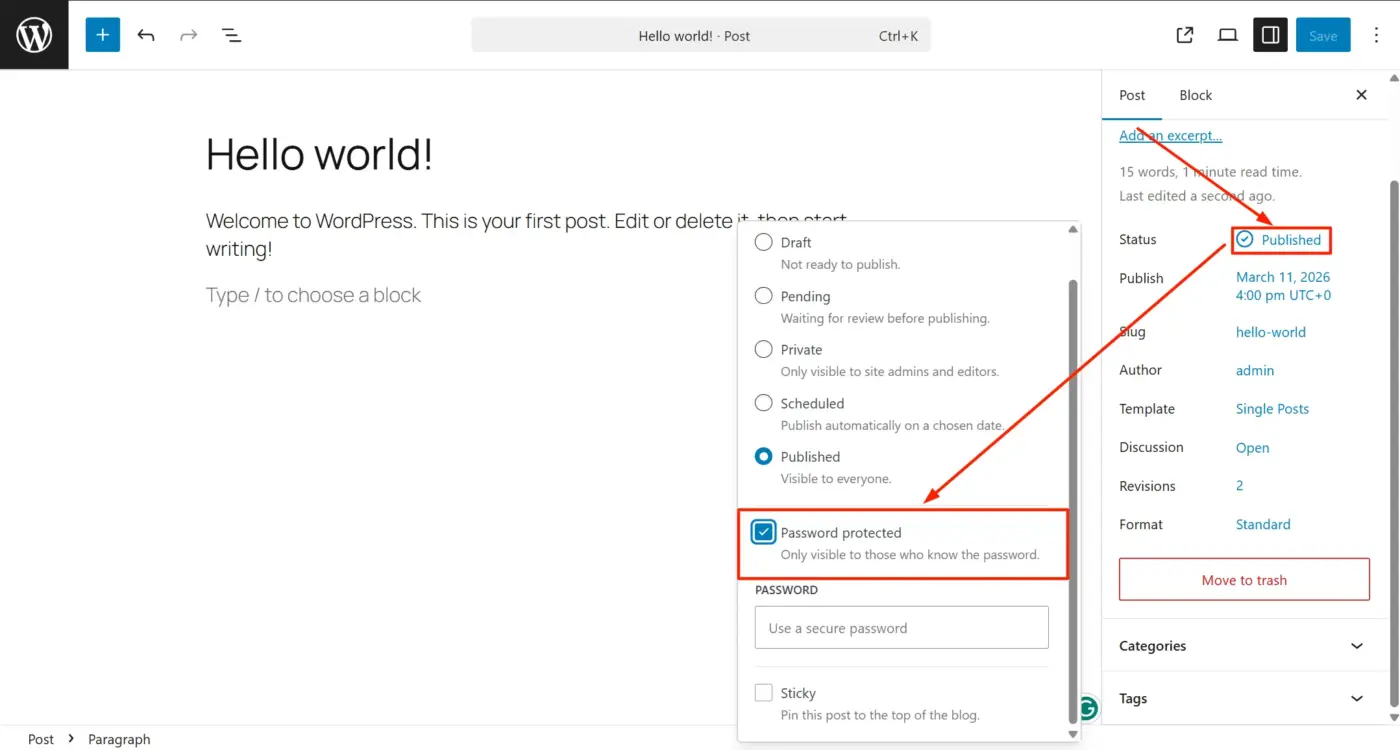 Using WordPress's Built-In Page Protection